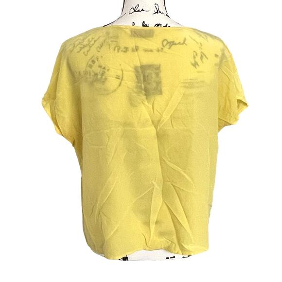 Vintage 80s 100% Silk V Neck Blouse Short Sleeve Yellow Womens L Minimalist - Picture 2 of 9